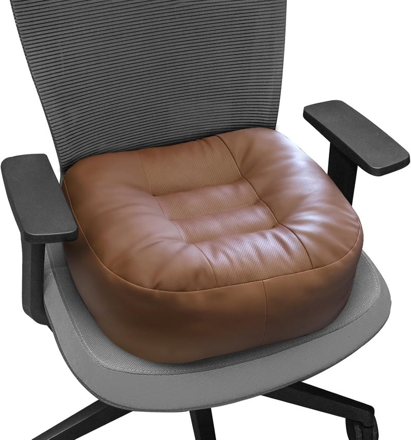 YOUFI Leather Seat Cushion Extra-Thick Booster for Office Chair to Rise Height - Full Filling for Support - with Breathable Cover, Handle and Buckle - Relieves Back Pain – 18"x16"x6" (Brown) - Image 1